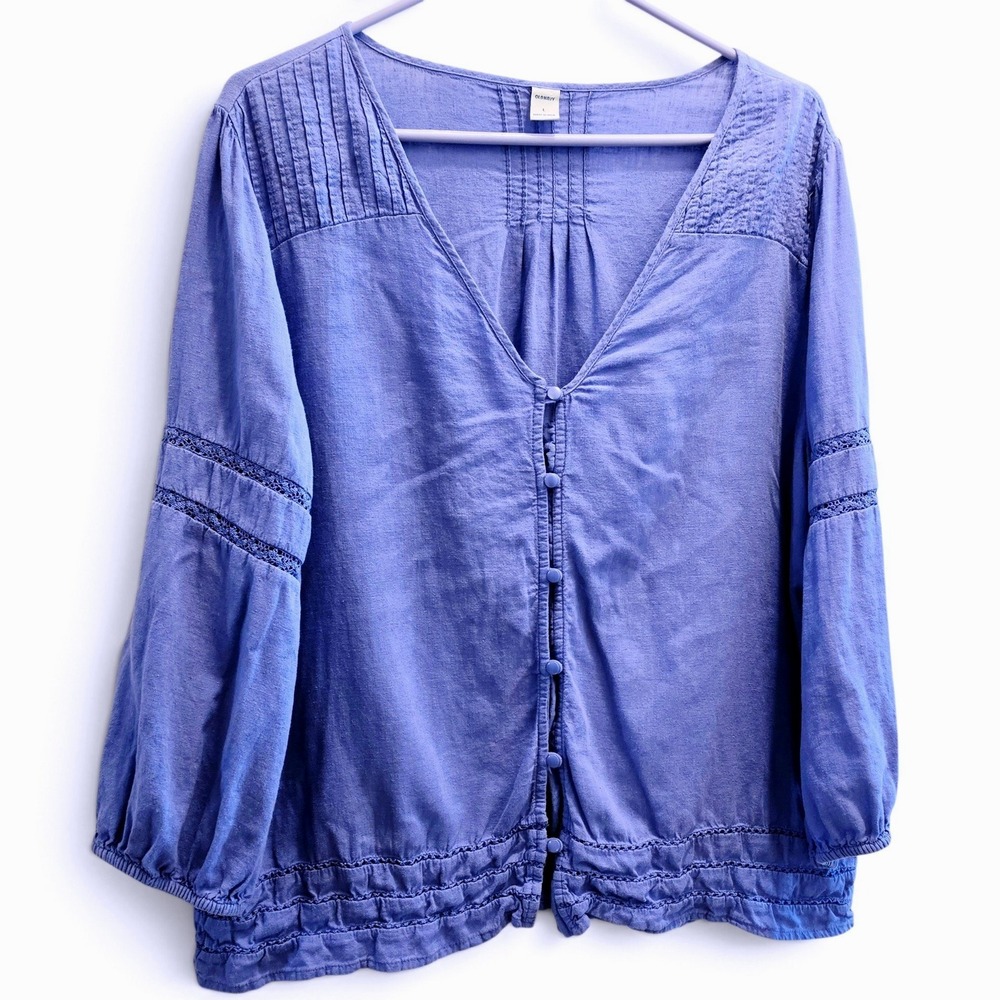 Old Navy Crochet Lace Balloon Sleeve Button Blouse Women's L Periwinkle Blue